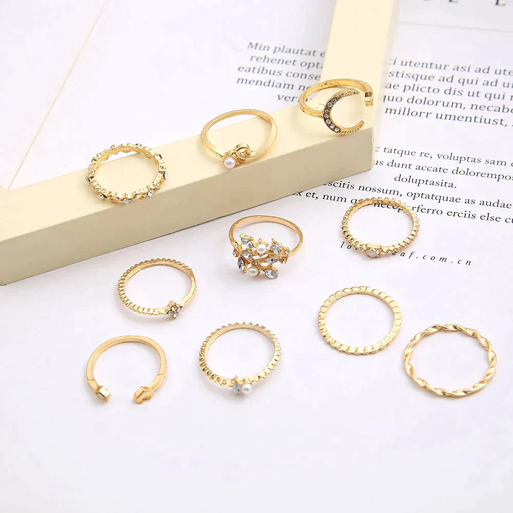 Danielle - Set of 10 Bohemian-Style Gold Rings