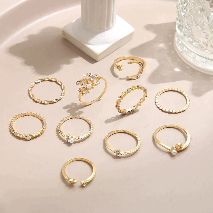 Danielle - Set of 10 Bohemian-Style Gold Rings
